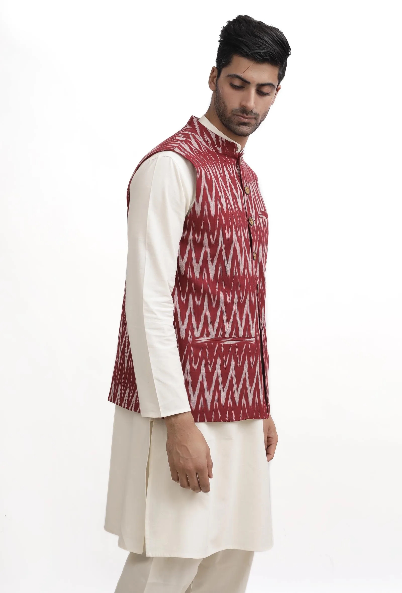 Maroon Red Ikat Nehru Jacket