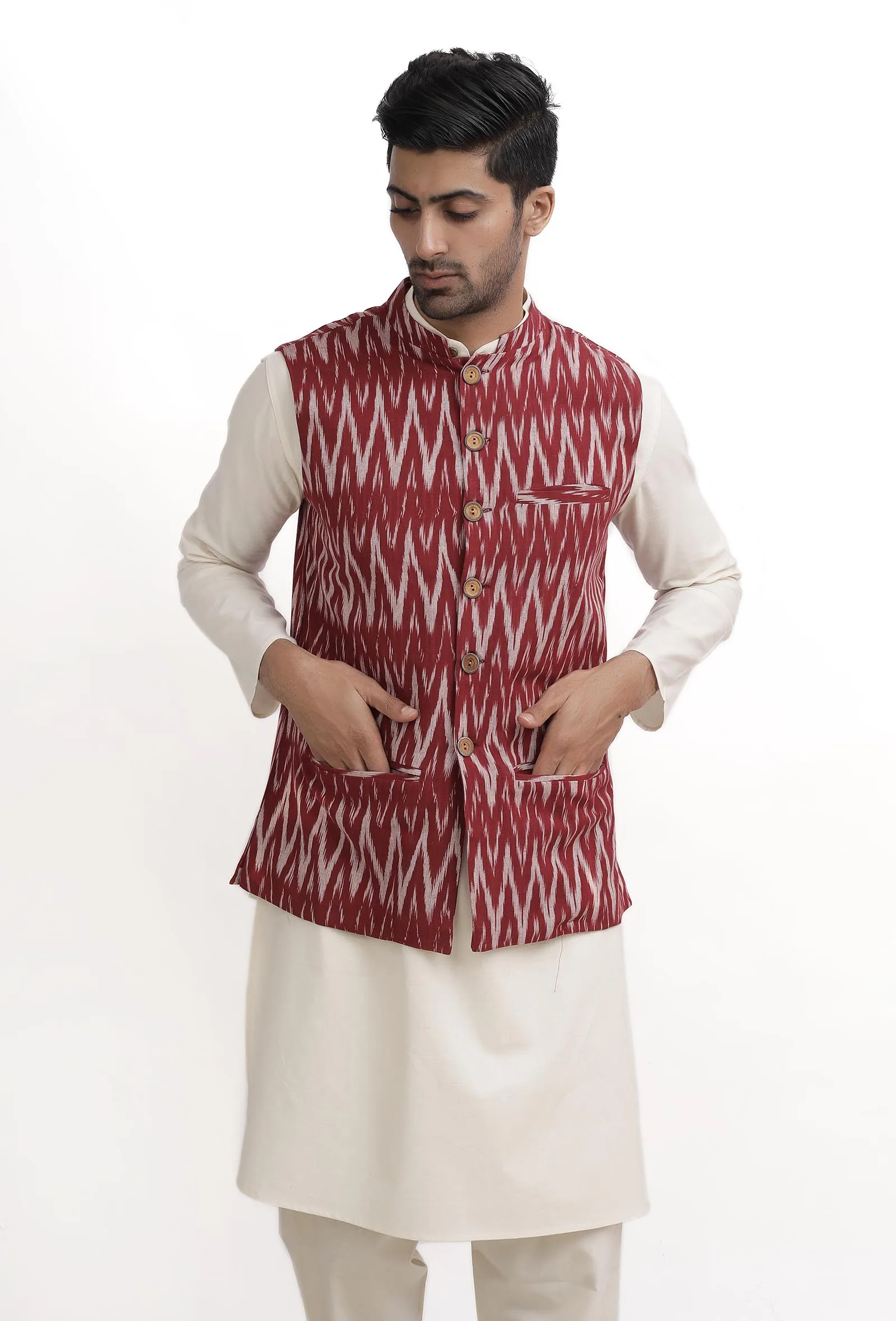 Maroon Red Ikat Nehru Jacket