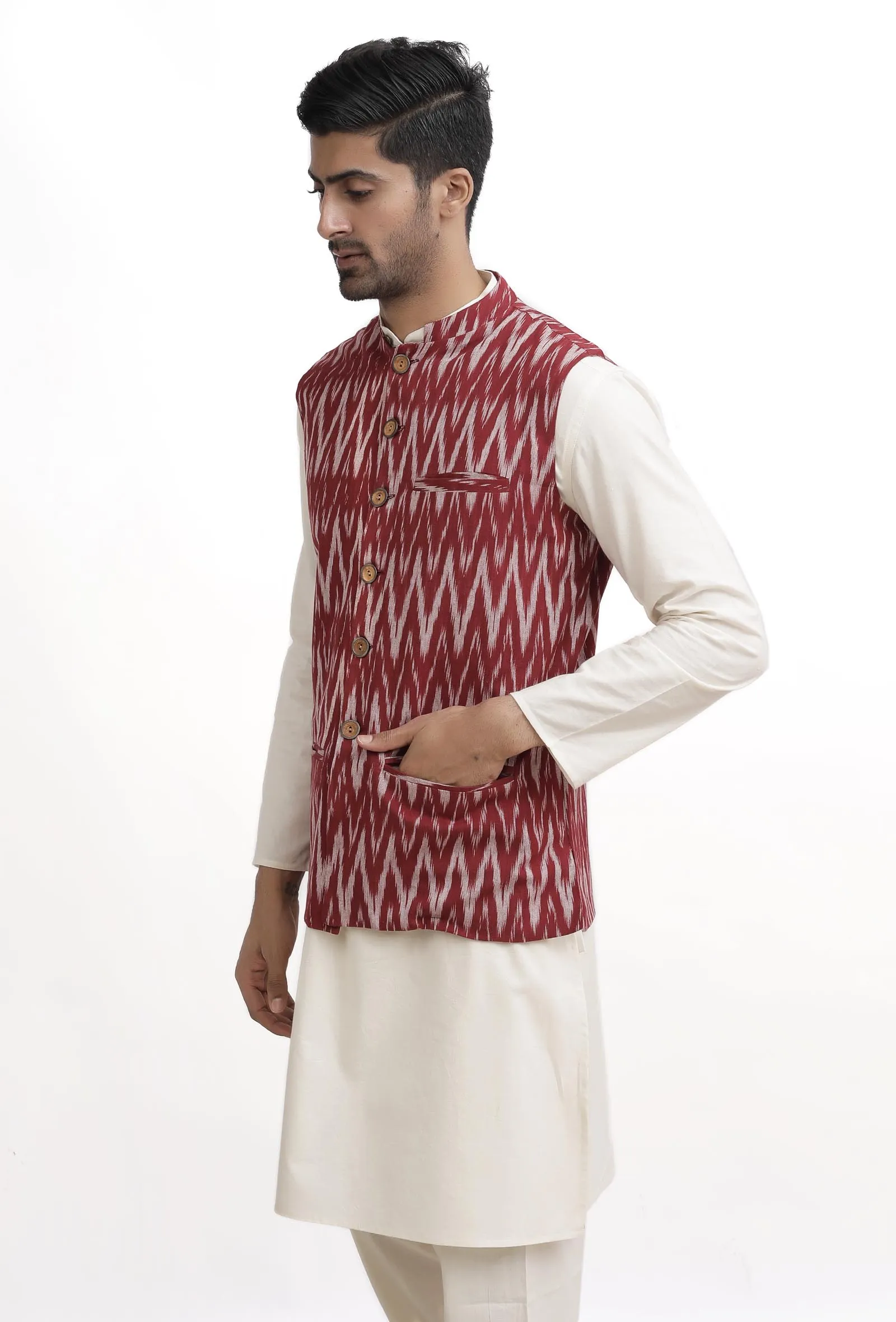 Maroon Red Ikat Nehru Jacket