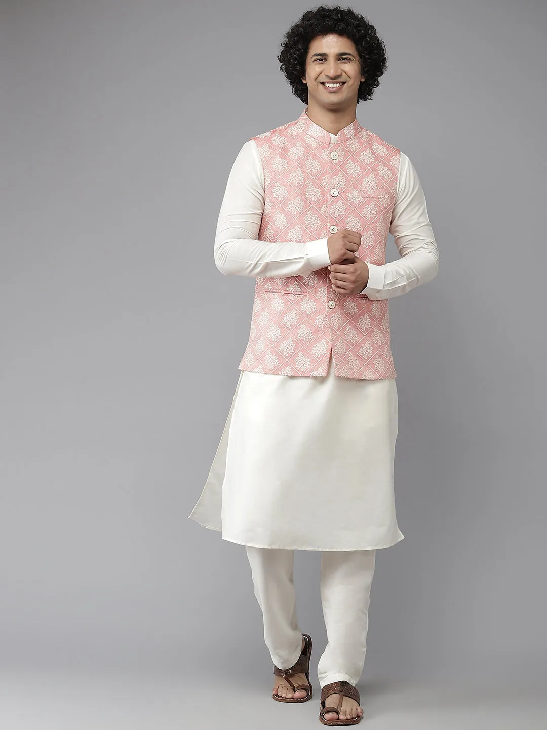 Men Coral& White Woven Jacquard Neharu Jacket