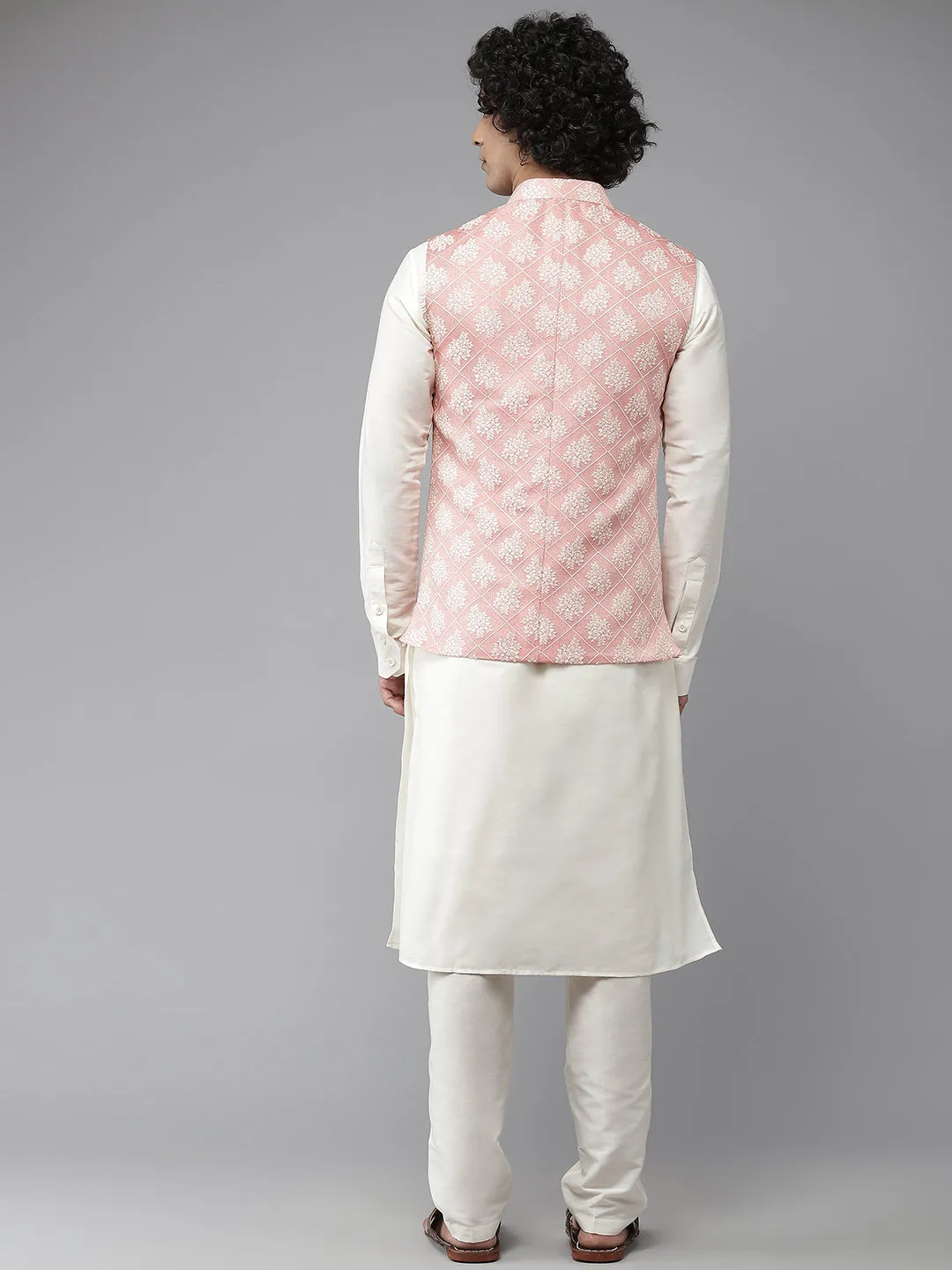 Men Coral& White Woven Jacquard Neharu Jacket