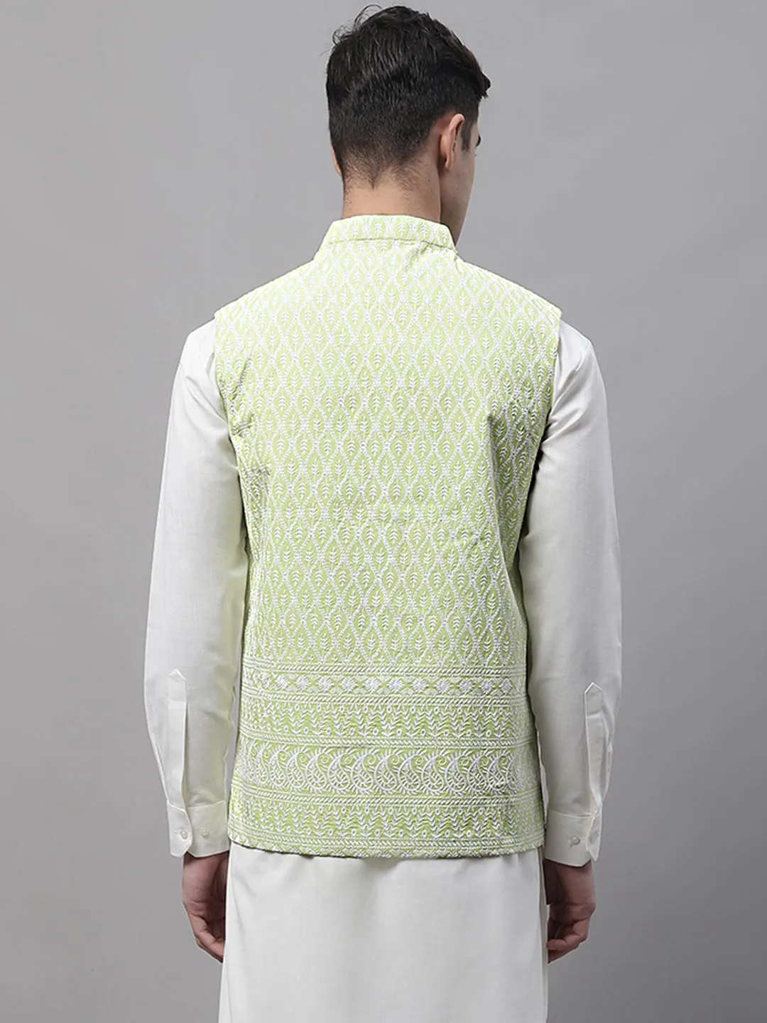 Men Green And White Embroidered Waistcoats