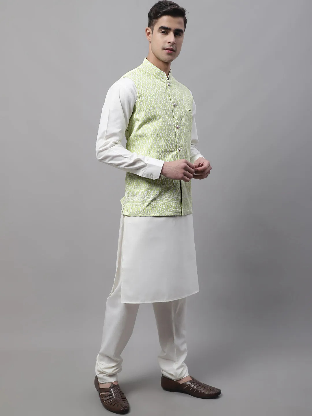 Men Green And White Embroidered Waistcoats