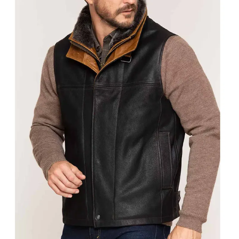 Men's Black Leather Vest Removable Shearling Collar – Best Sale