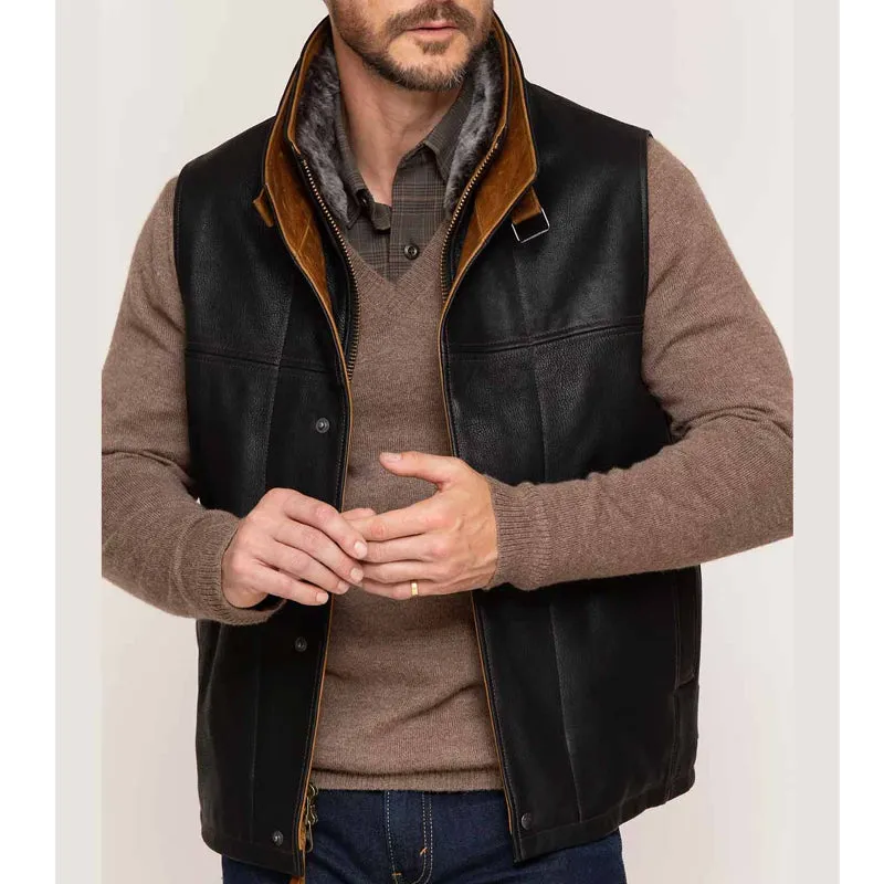 Men's Black Leather Vest Removable Shearling Collar – Best Sale