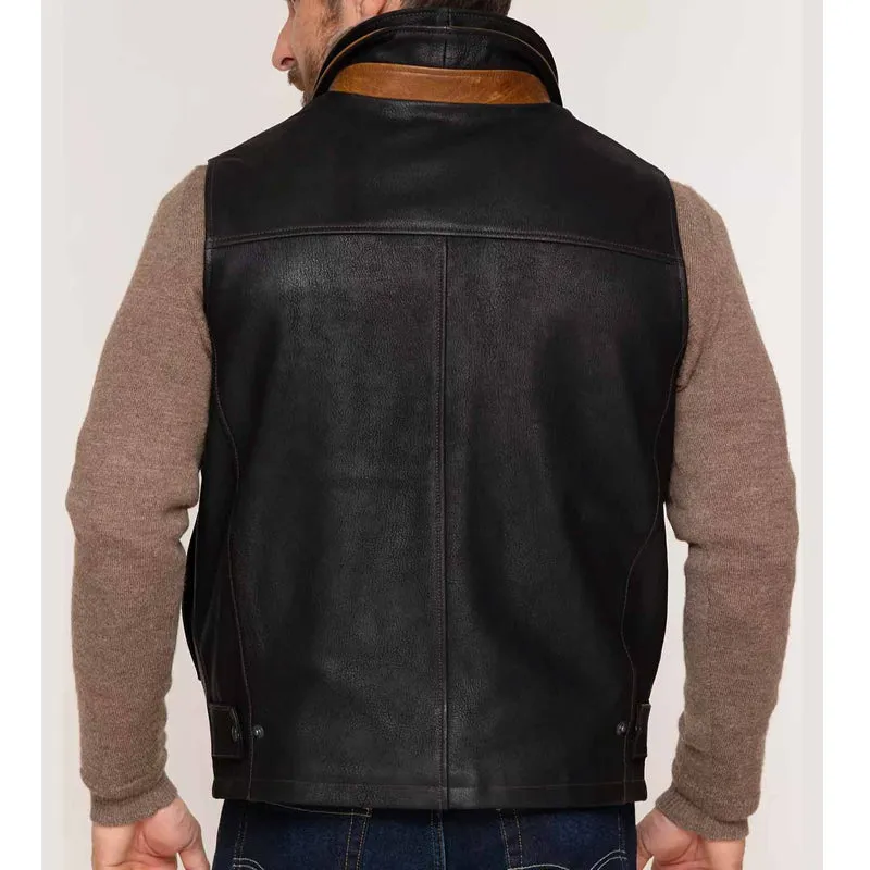 Men's Black Leather Vest Removable Shearling Collar – Best Sale