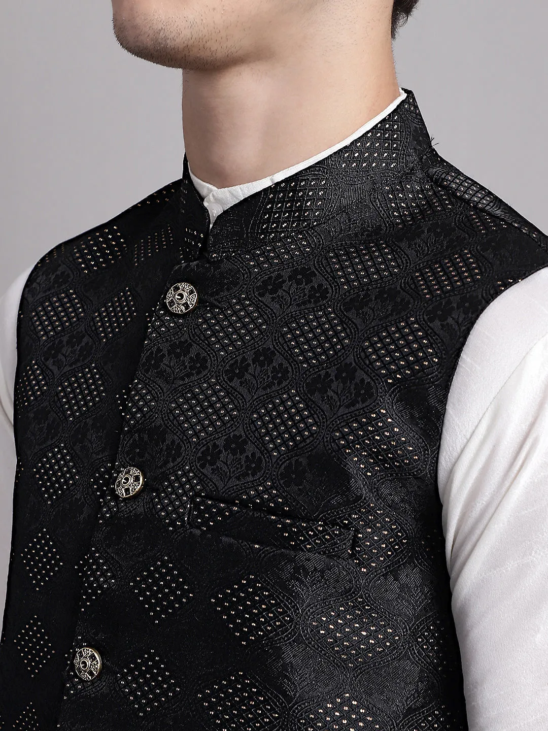 Men'S Black Woven Design Nehru Jacket