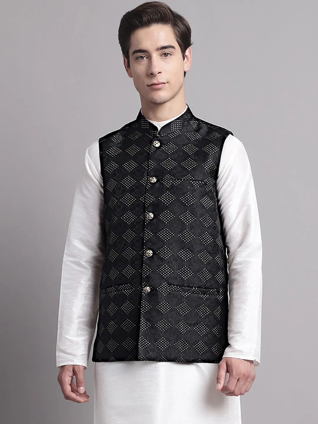 Men'S Black Woven Design Nehru Jacket