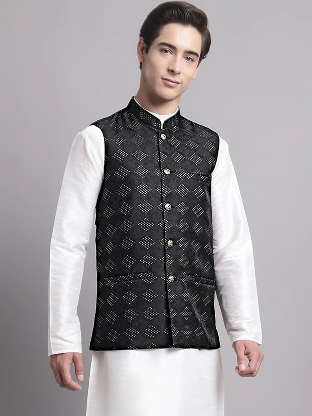 Men'S Black Woven Design Nehru Jacket