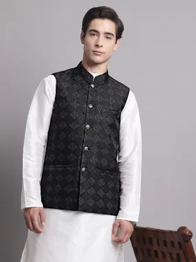 Men'S Black Woven Design Nehru Jacket