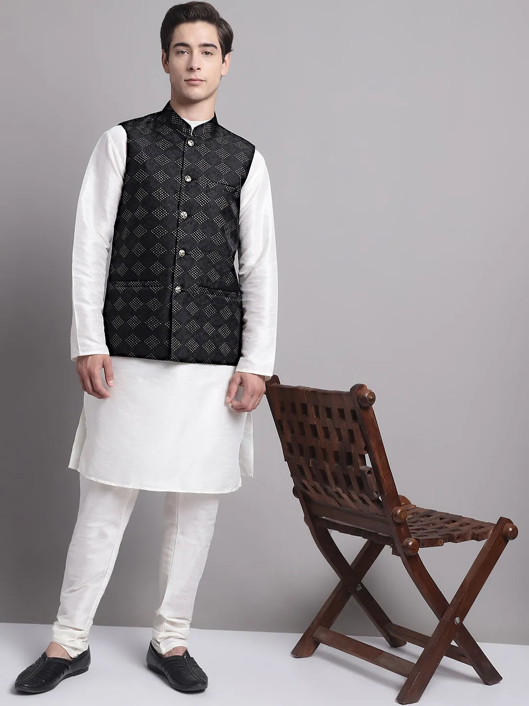 Men'S Black Woven Design Nehru Jacket