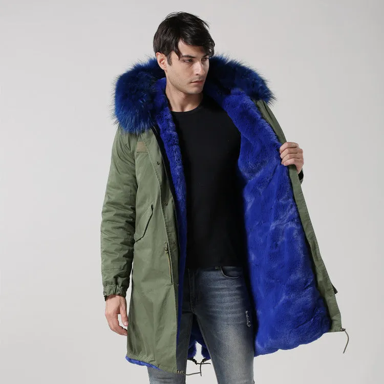 Men's Blue Fur Lined Green Convertible Parka