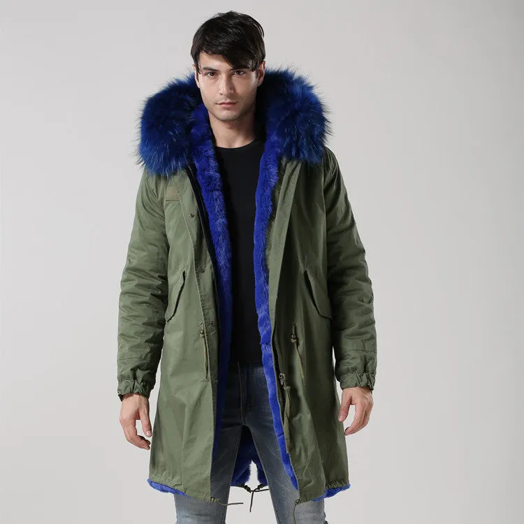 Men's Blue Fur Lined Green Convertible Parka