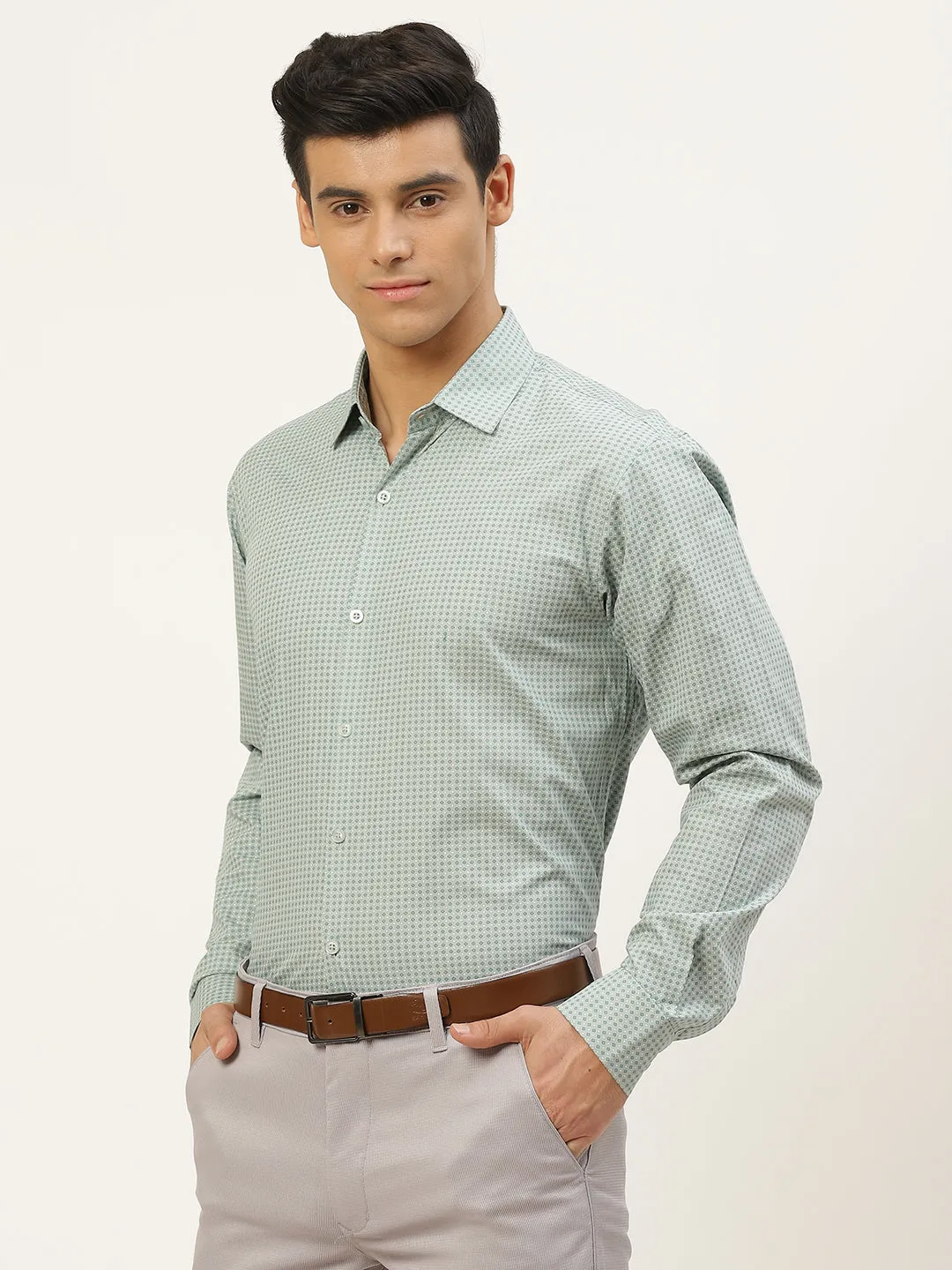 Mens Cotton Sea Green & Blue Printed Formal Shirt - Sojanya