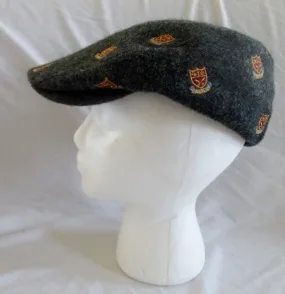 Mens ENGLISH TWEED for J. CREW driving cap hat wool Coat of Arms CHARCOAL GRAY