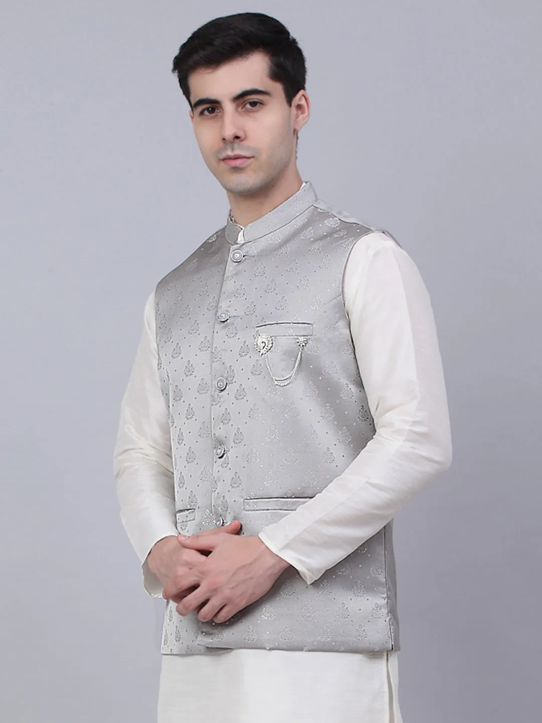 Men'S Grey Woven Design Waistcoats