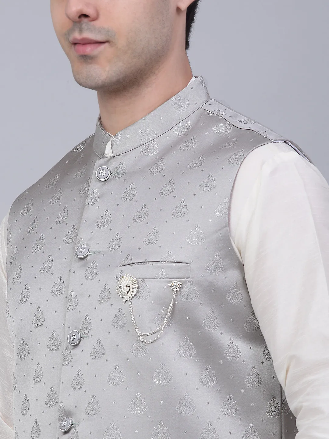 Men'S Grey Woven Design Waistcoats