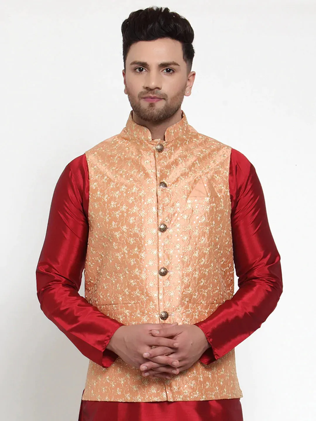 Men'S Peach Embroidered Nehru Jacket