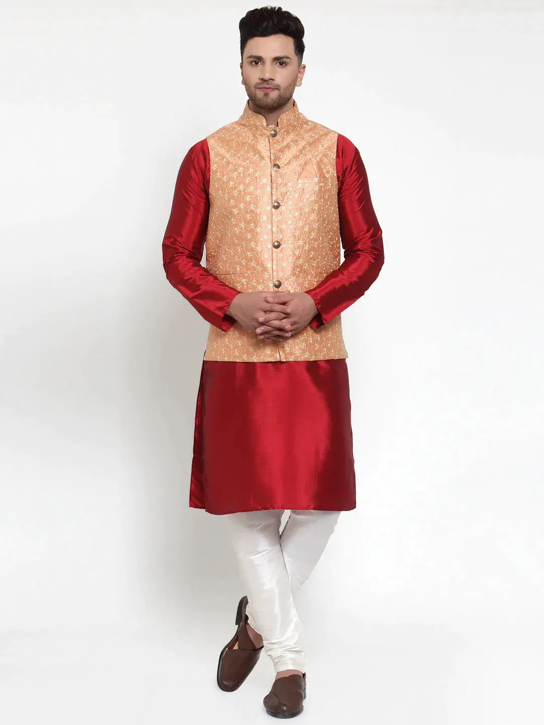 Men'S Peach Embroidered Nehru Jacket