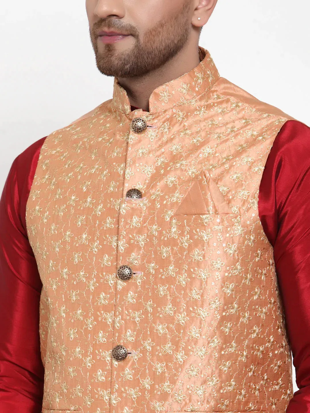 Men'S Peach Embroidered Nehru Jacket