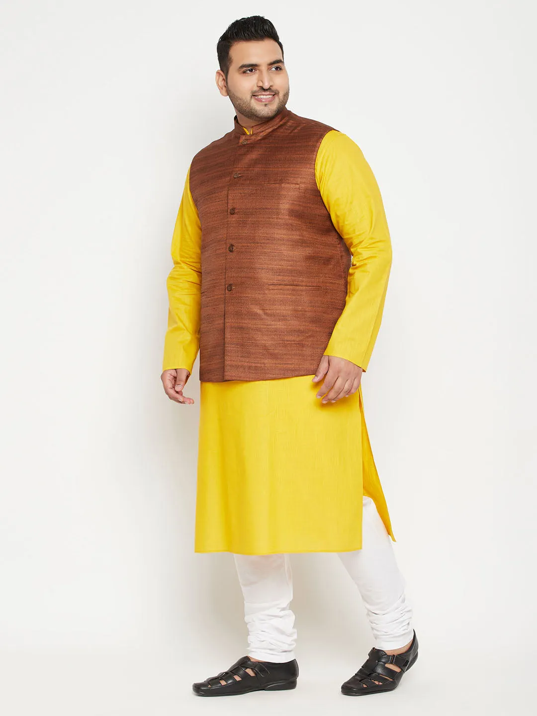 Men's Plus Mustard, Coffee Brown And White Cotton Blend Jacket Kurta Pyjama Set - Vastramay