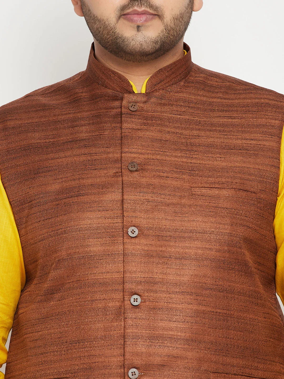 Men's Plus Mustard, Coffee Brown And White Cotton Blend Jacket Kurta Pyjama Set - Vastramay