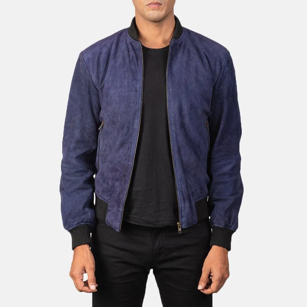 Mens Royal Blue Suede Bomber Jacket