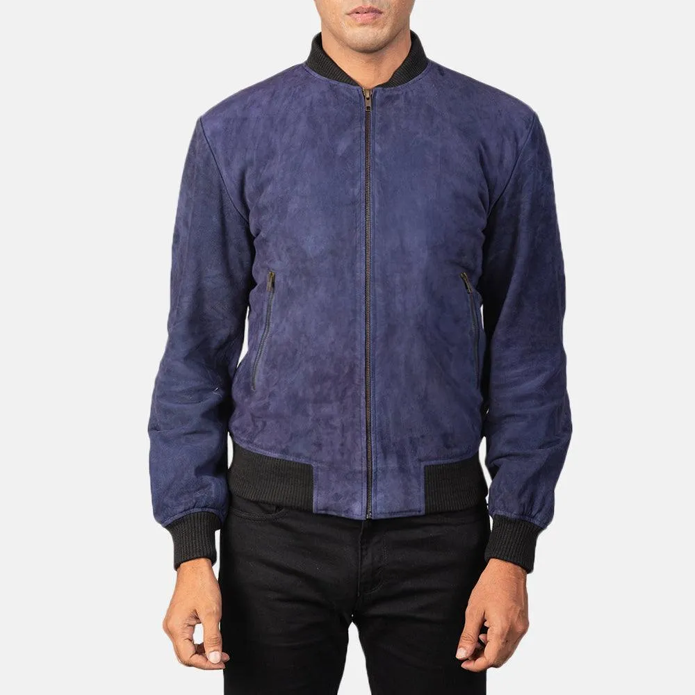 Mens Royal Blue Suede Bomber Jacket