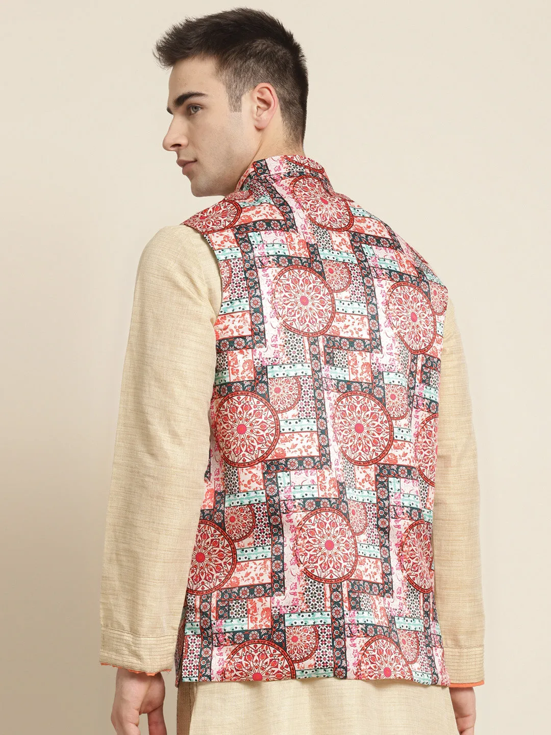 Men's Silk Blend Peach Printed ONLY Nehru Jacket - Sojanya