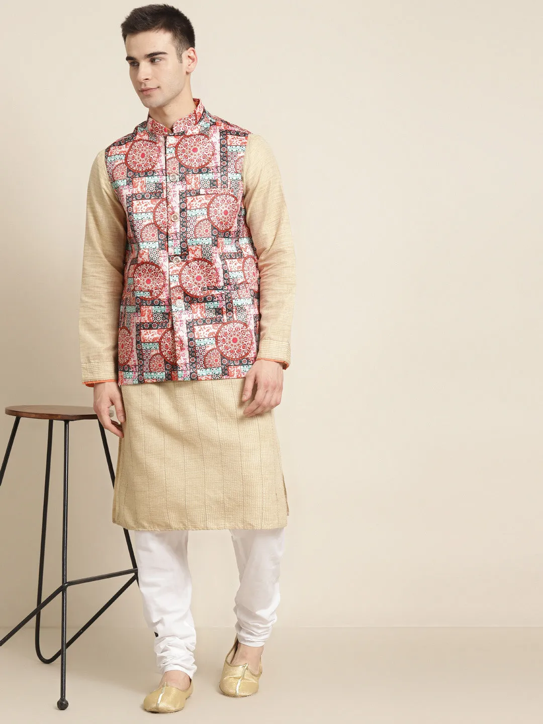 Men's Silk Blend Peach Printed ONLY Nehru Jacket - Sojanya