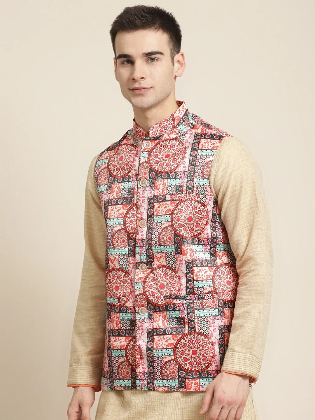 Men's Silk Blend Peach Printed ONLY Nehru Jacket - Sojanya