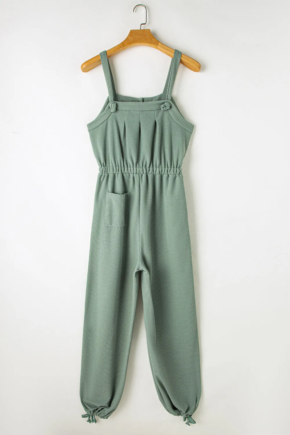 Moss Green Knotted Straps Button Textured Drawstring Jumpsuit