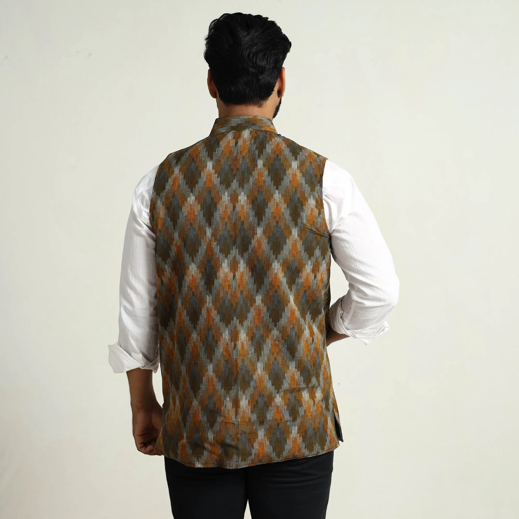 Multicolor - Pochampally Double Ikat Handloom Cotton Men Nehru Jacket 01