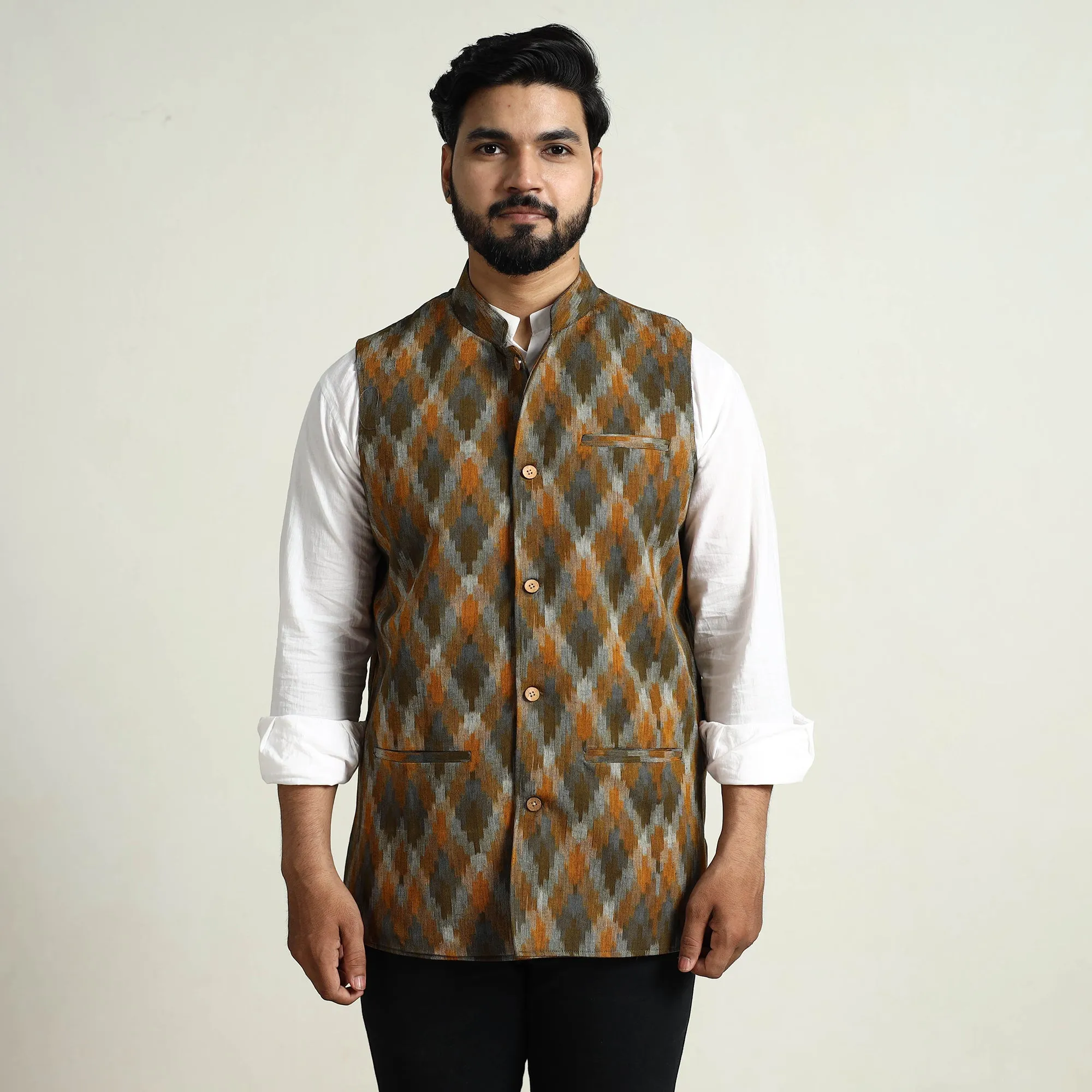 Multicolor - Pochampally Double Ikat Handloom Cotton Men Nehru Jacket 01