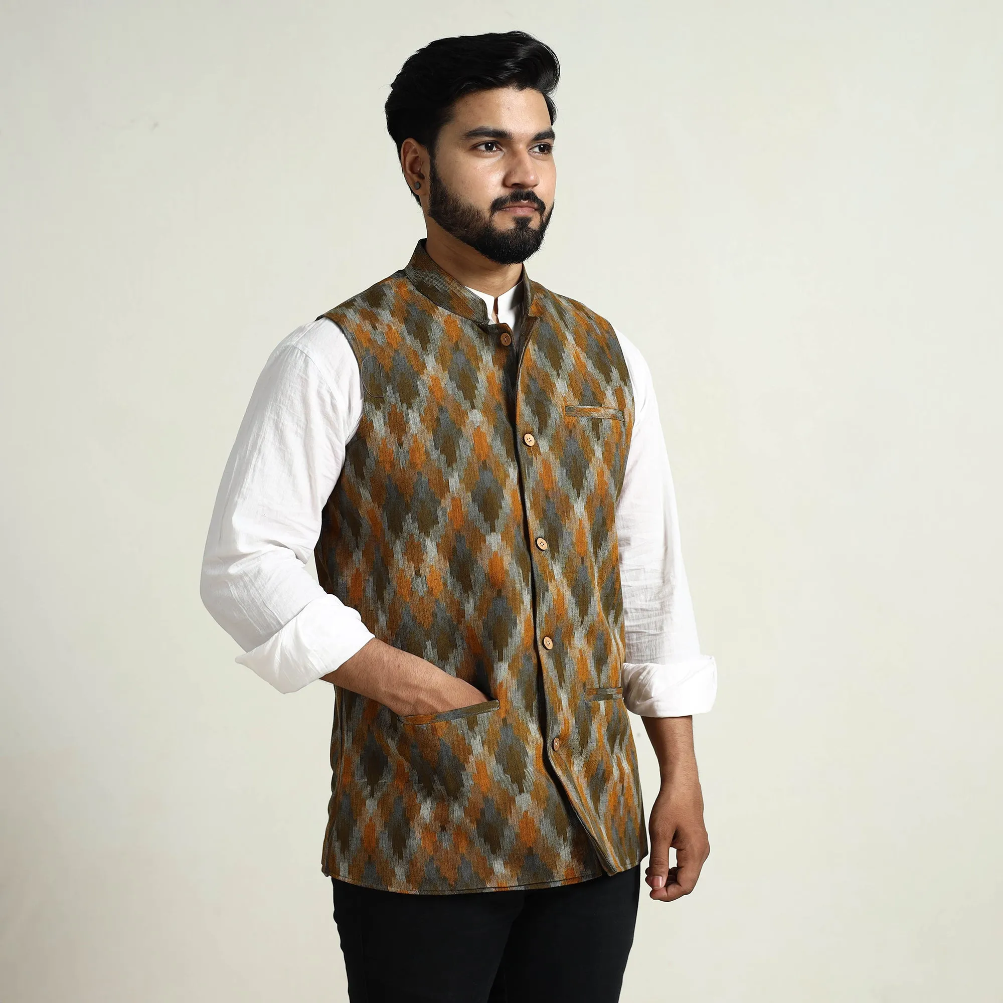 Multicolor - Pochampally Double Ikat Handloom Cotton Men Nehru Jacket 01