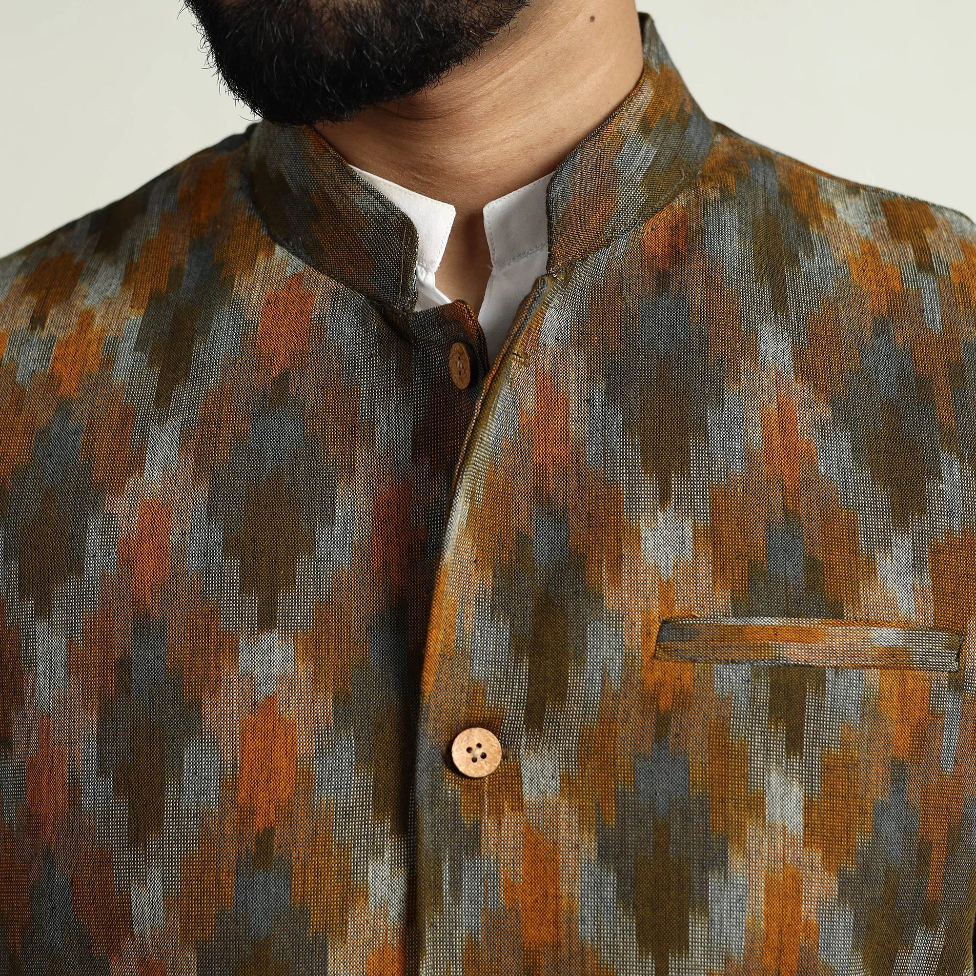 Multicolor - Pochampally Double Ikat Handloom Cotton Men Nehru Jacket 01