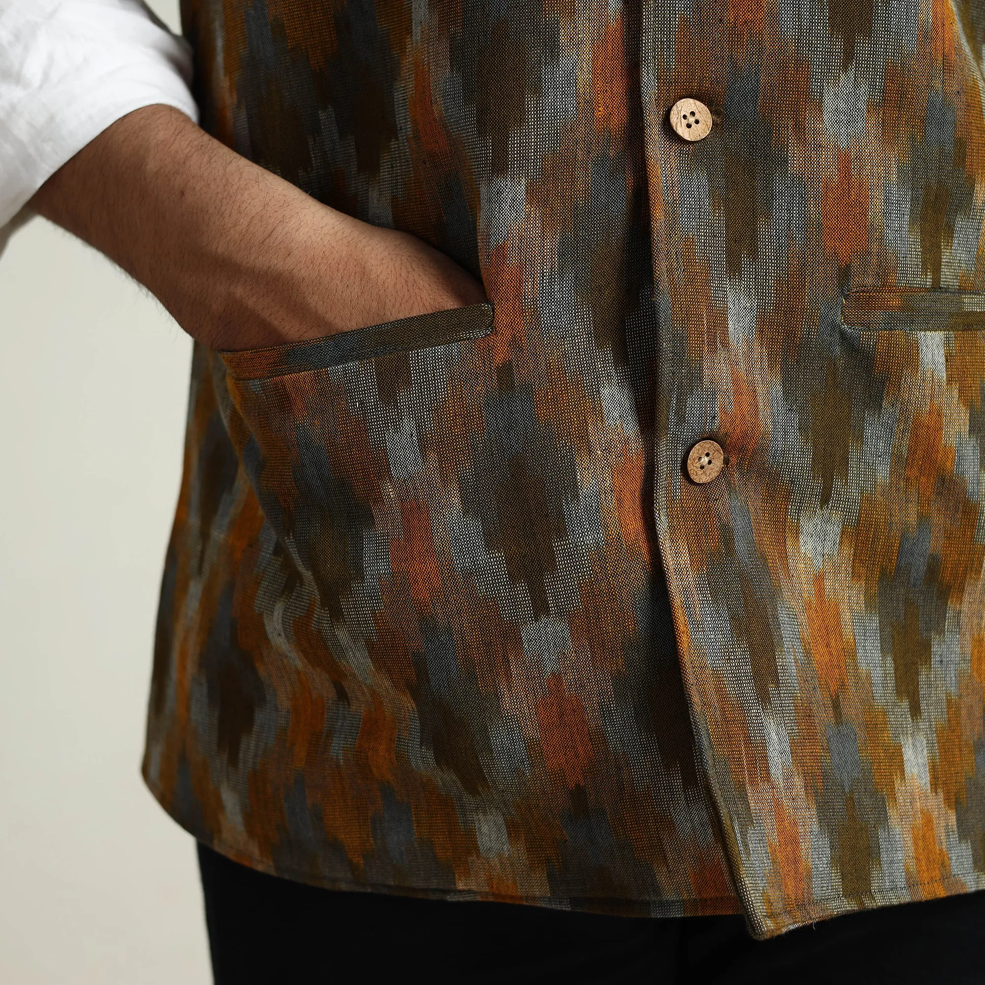 Multicolor - Pochampally Double Ikat Handloom Cotton Men Nehru Jacket 01