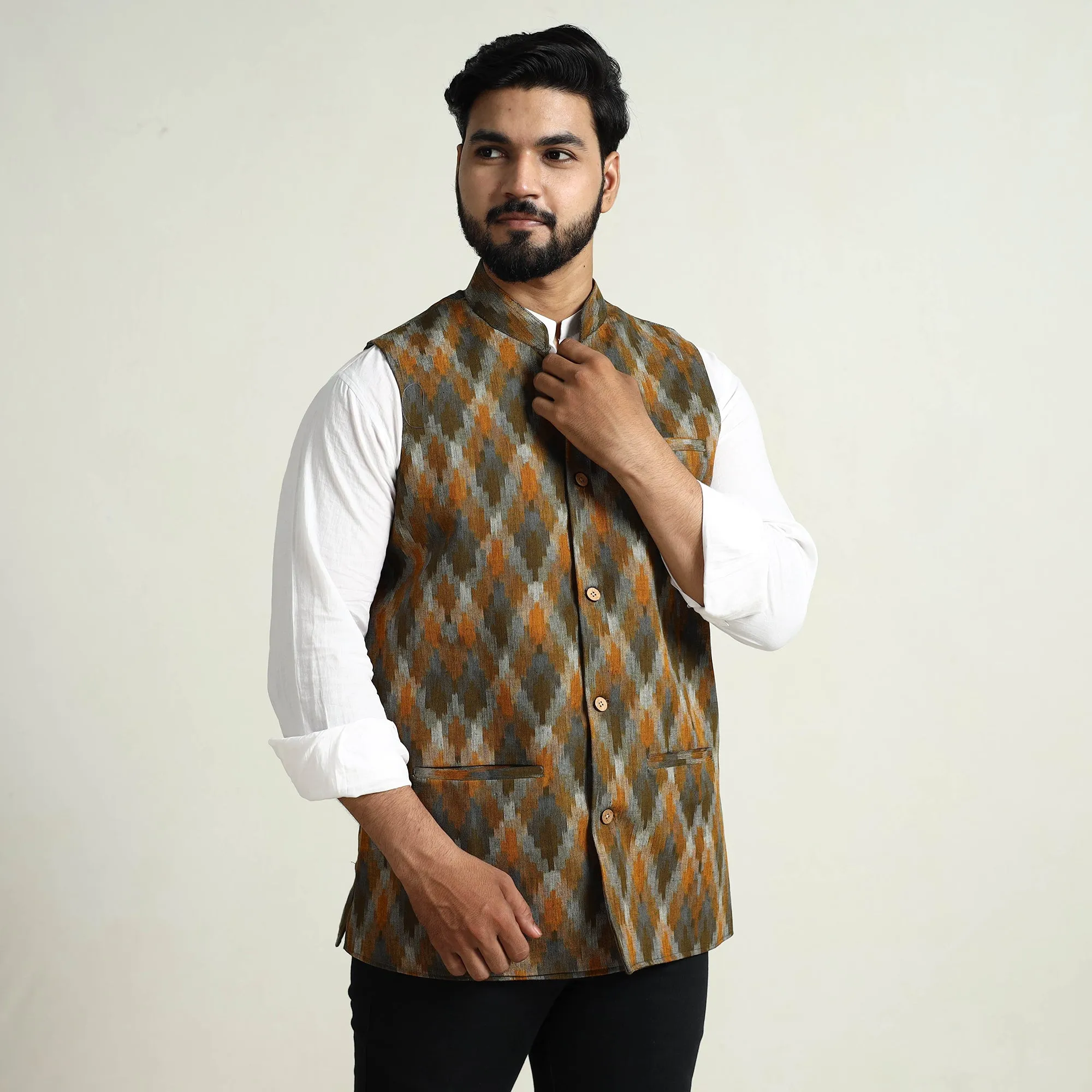 Multicolor - Pochampally Double Ikat Handloom Cotton Men Nehru Jacket 01