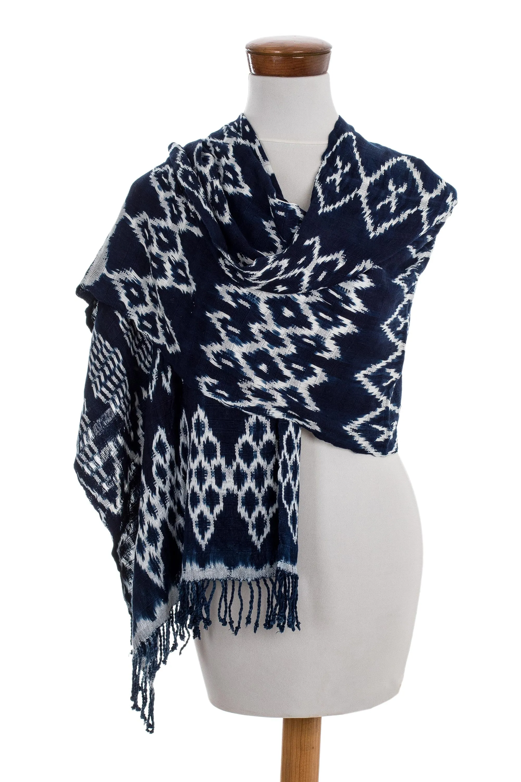 Navy and White Ikat Shawl from Guatemala - Navy Blue Silhouettes | NOVICA