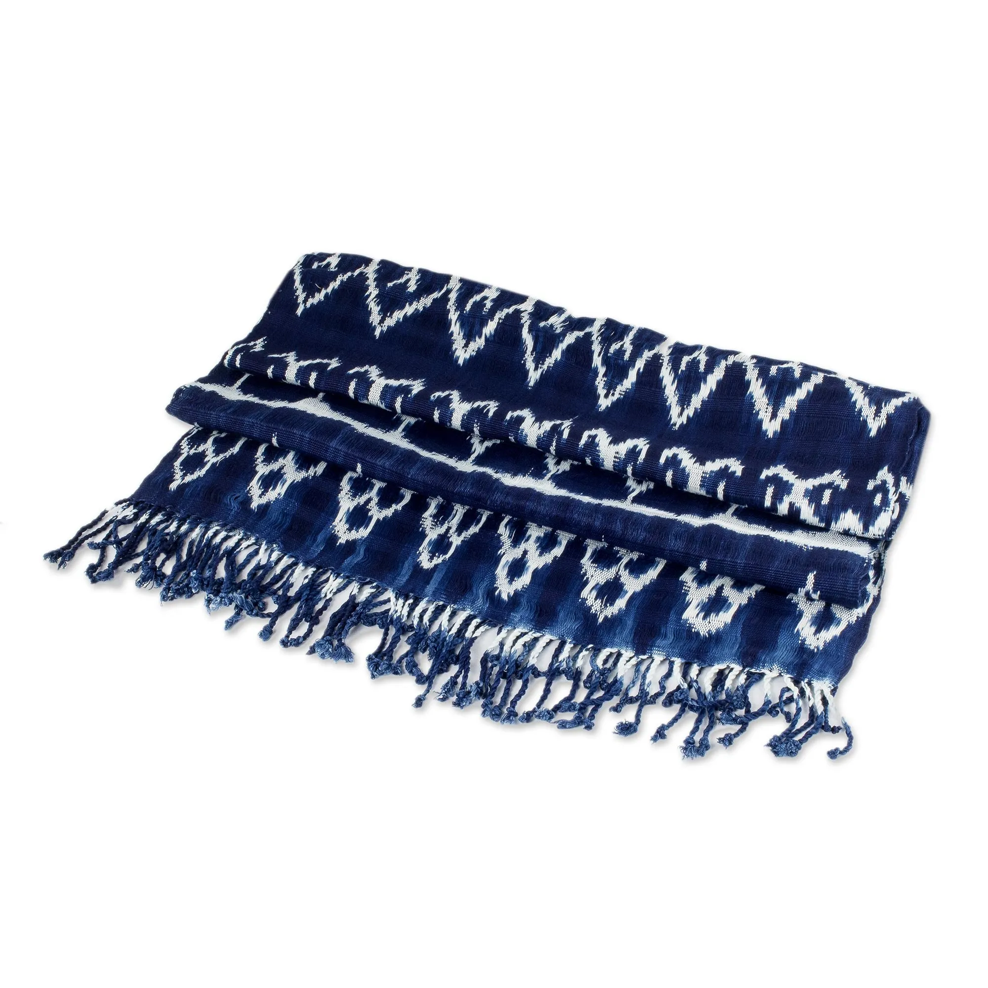 Navy and White Ikat Shawl from Guatemala - Navy Blue Silhouettes | NOVICA