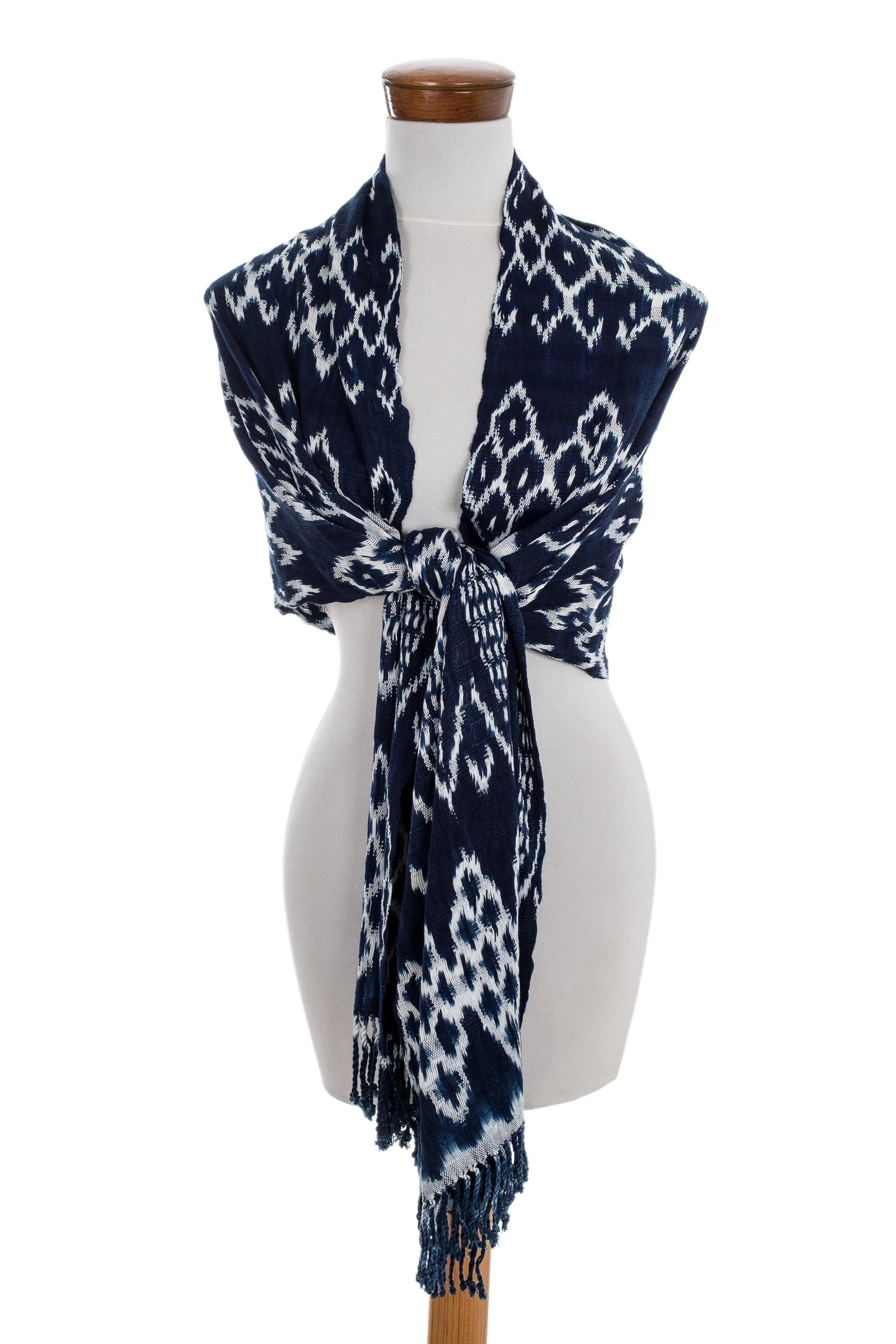 Navy and White Ikat Shawl from Guatemala - Navy Blue Silhouettes | NOVICA