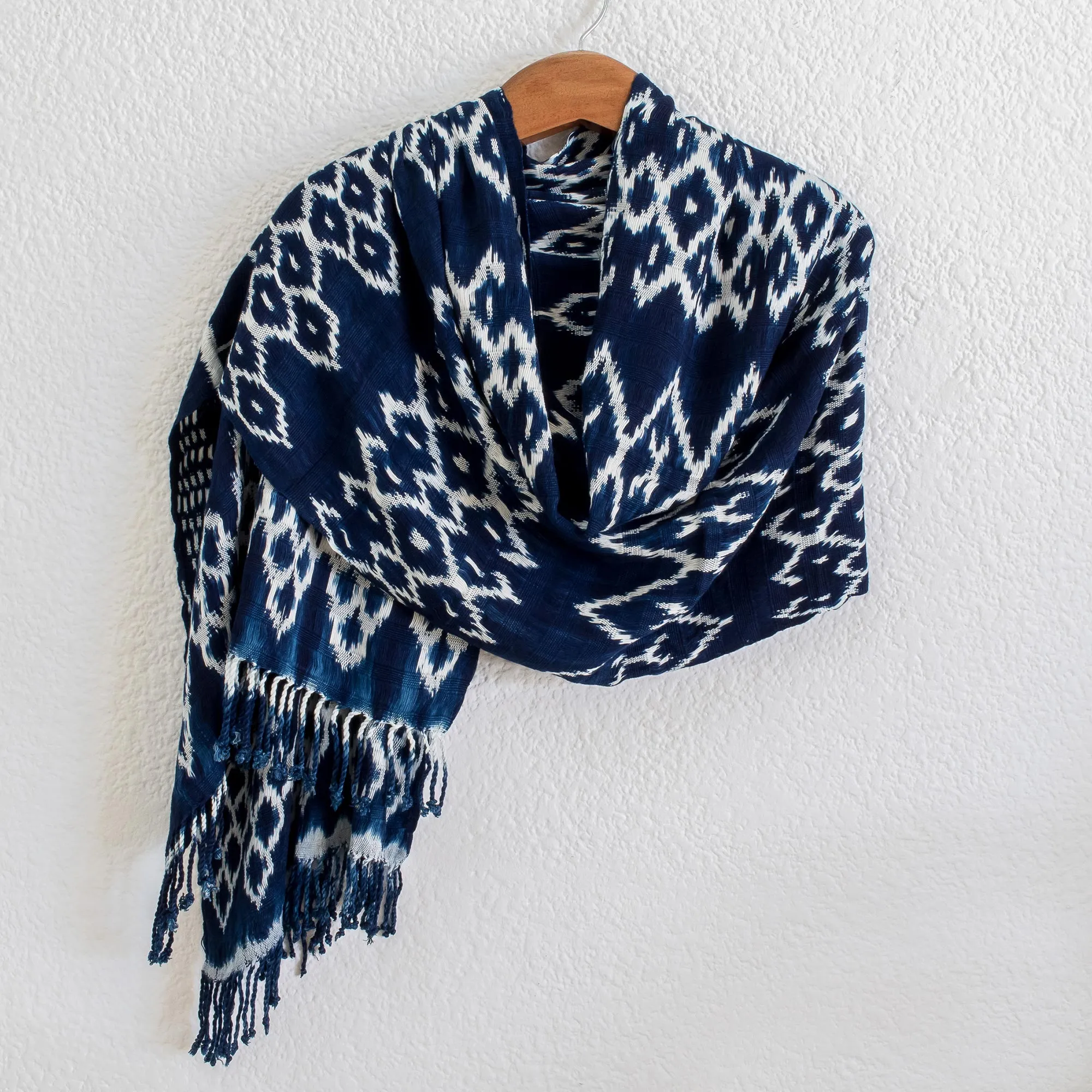 Navy and White Ikat Shawl from Guatemala - Navy Blue Silhouettes | NOVICA