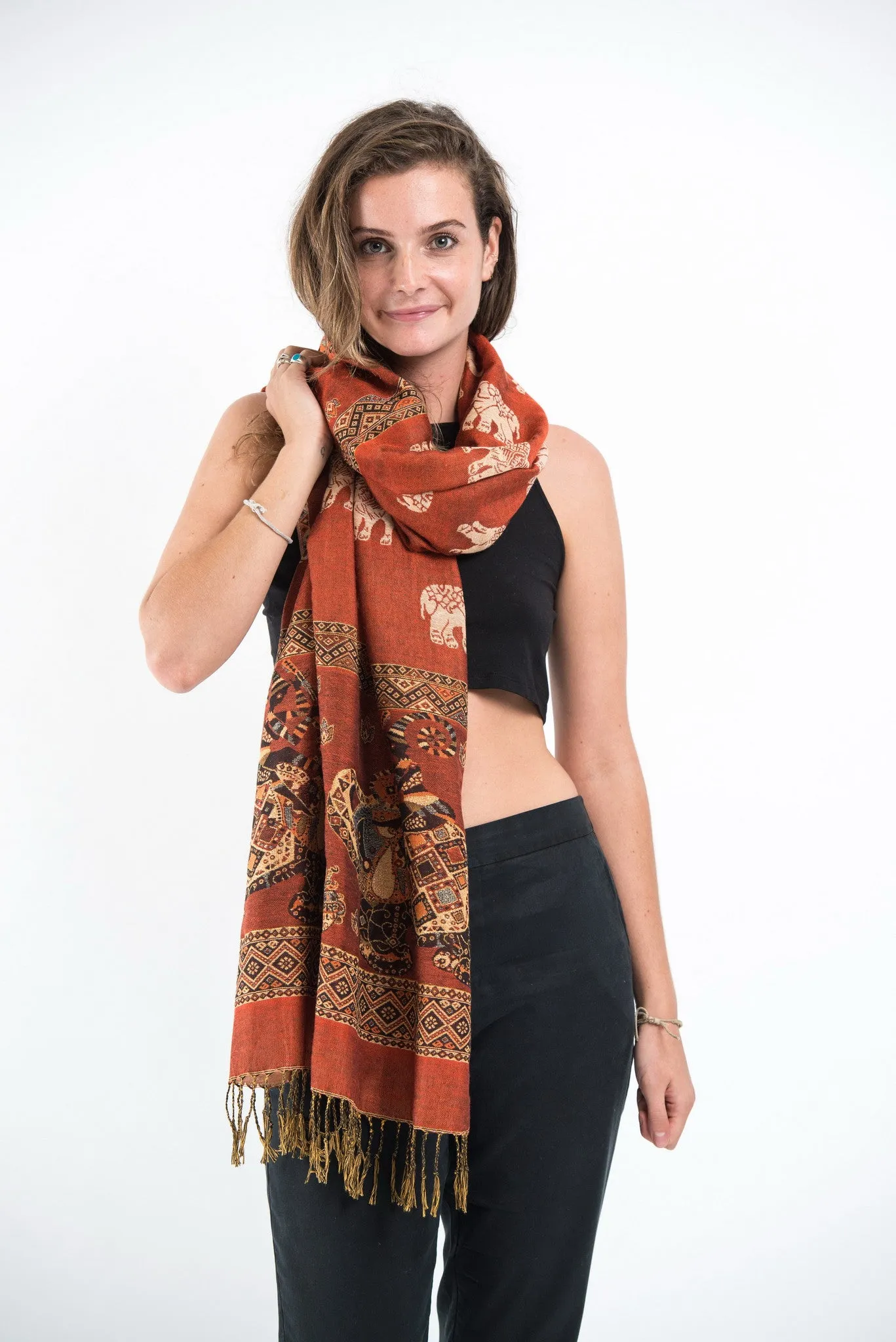 Nepal Elephant Pashmina Shawl Scarf in Orange