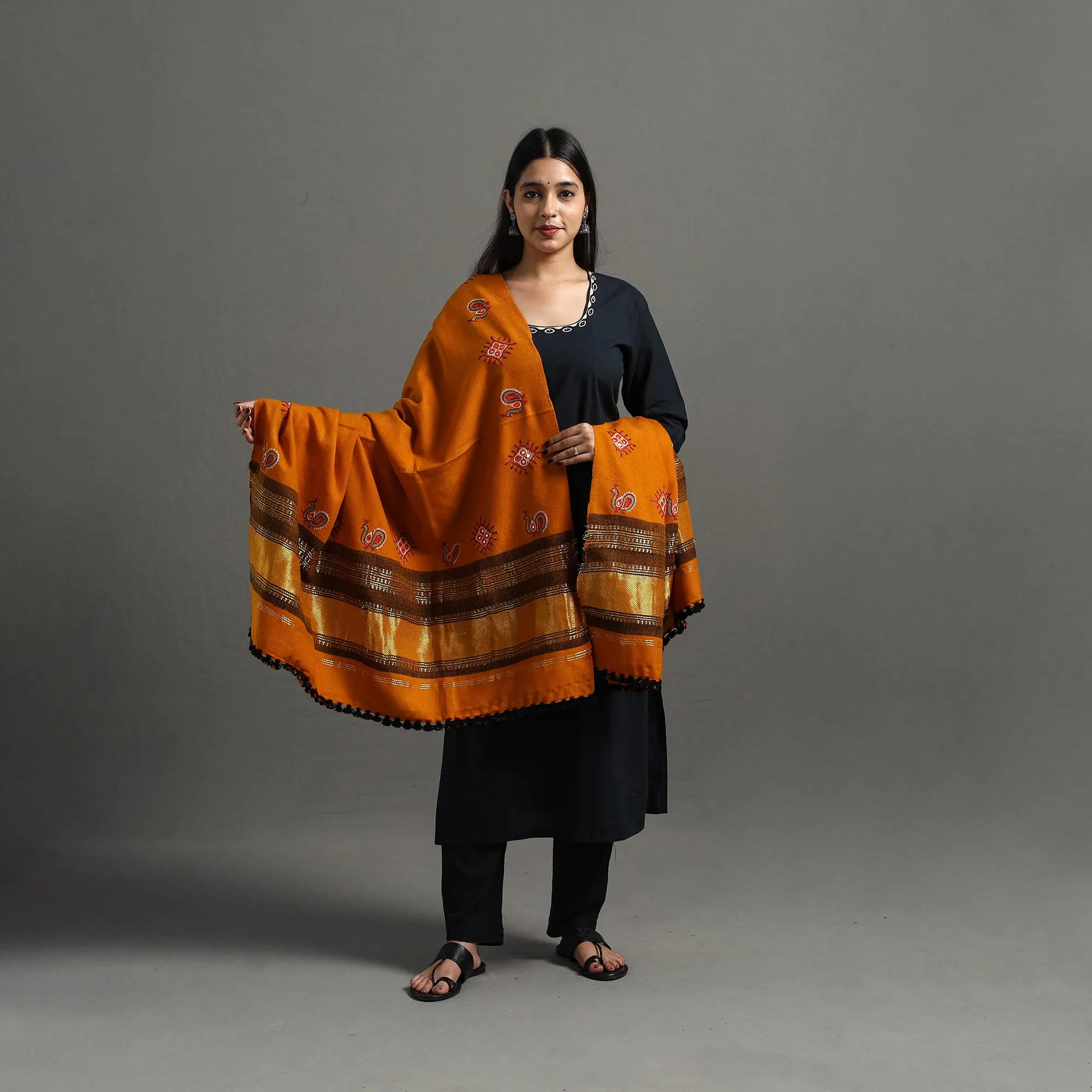 Orange - Kutch Ahir Hand Embroidery Woollen Shawl 51