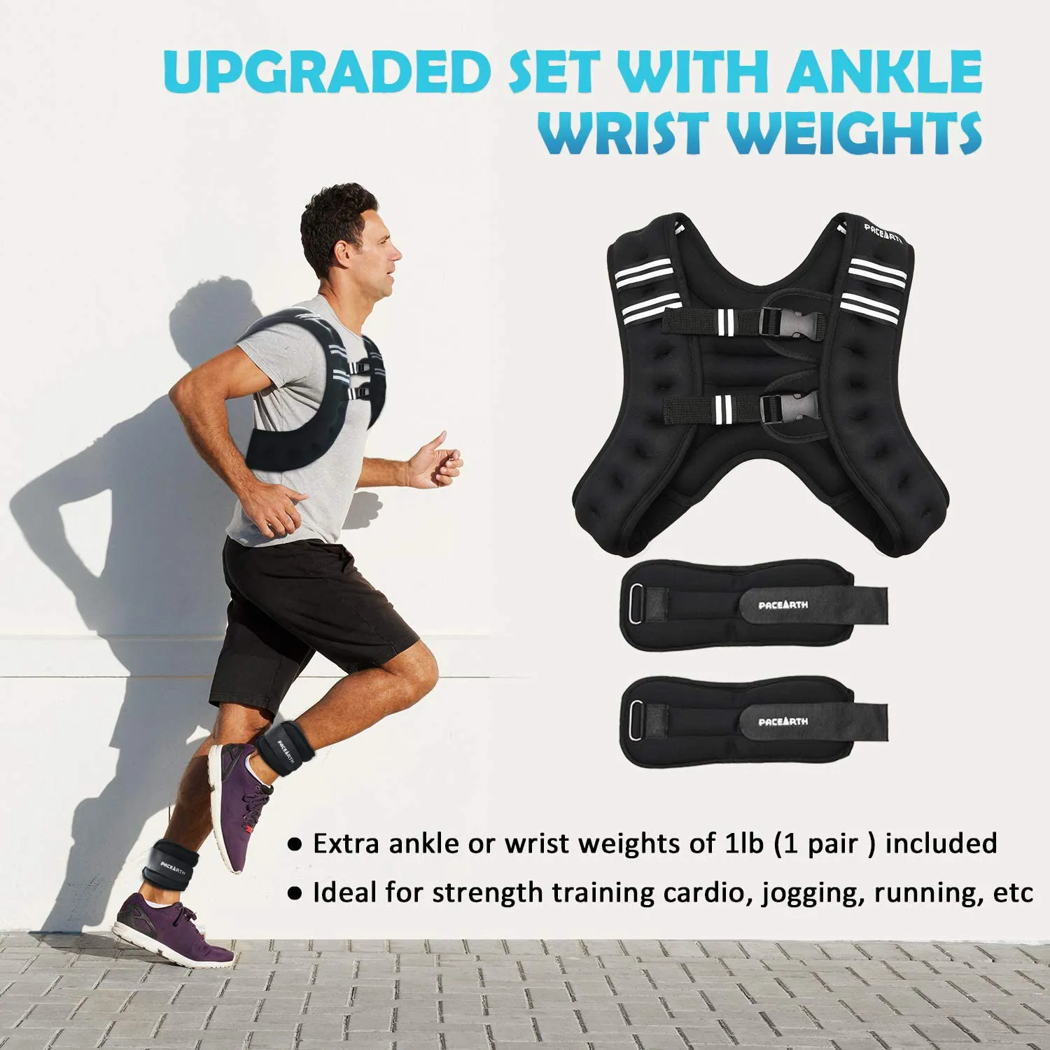 PACEARTH Weighted Vest with Ankle/Wrist Weights 6/12/16lbs Adjustable Body Weight Vest with Reflective Stripe Workout Equipment for Strength Training, Cardio, Walking, Jogging, Running for Men Women