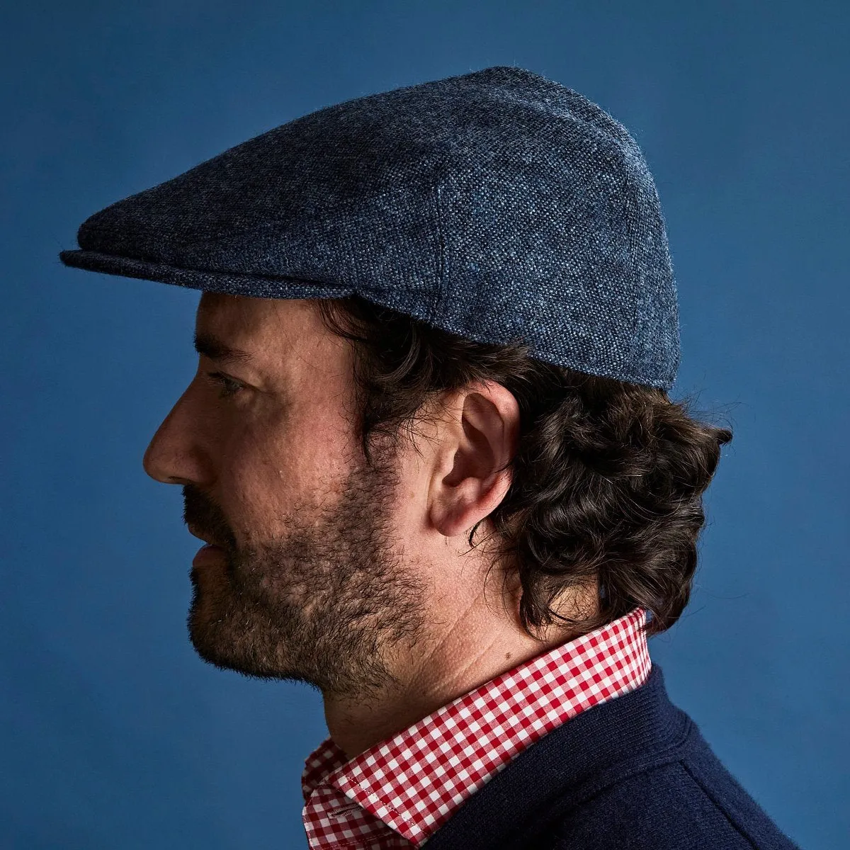 Plain Blue Denim Weave Wool Flat Cap