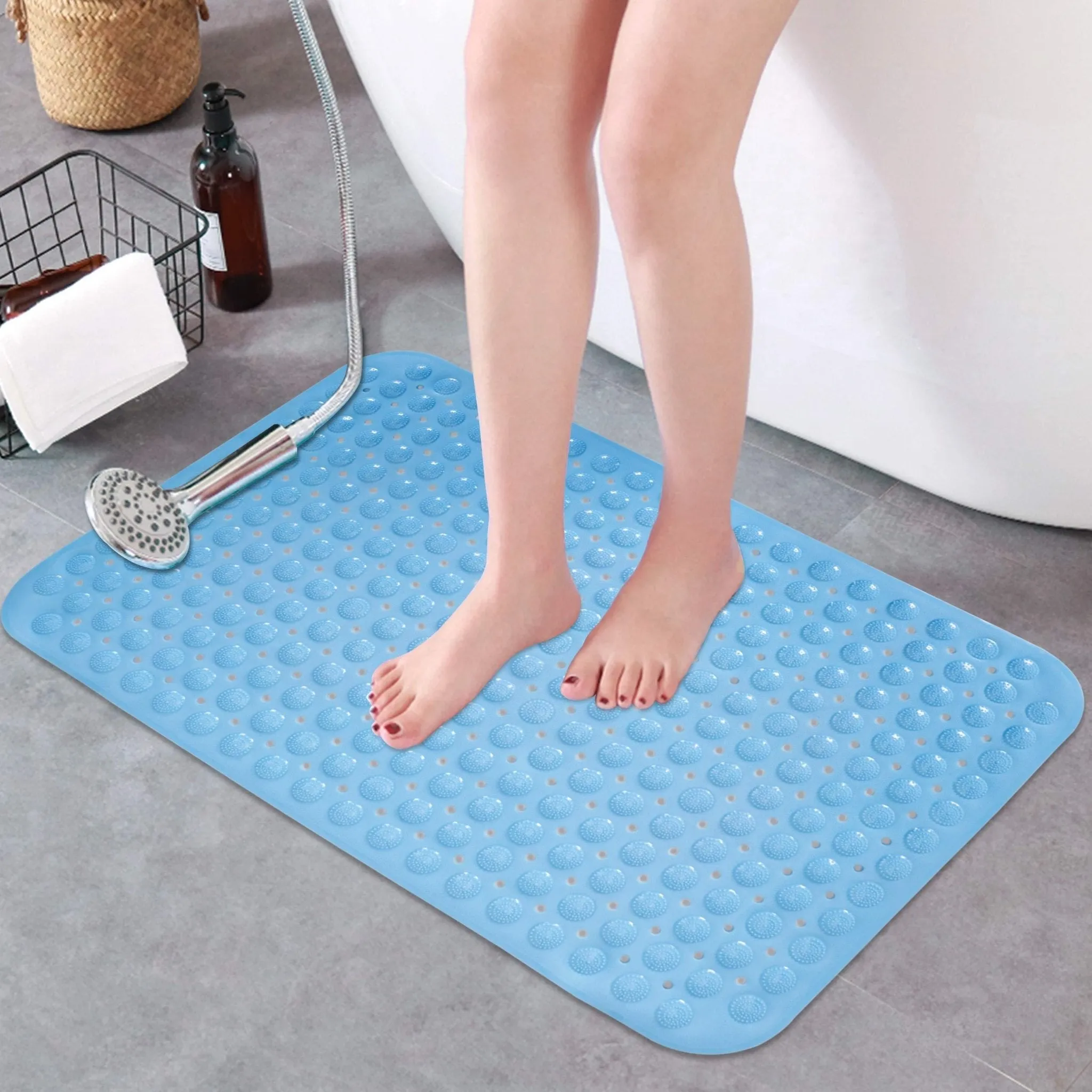 PVC Shower Mat Anti-Slip with Massage Acupressure Points, 58x88 cm, Blue