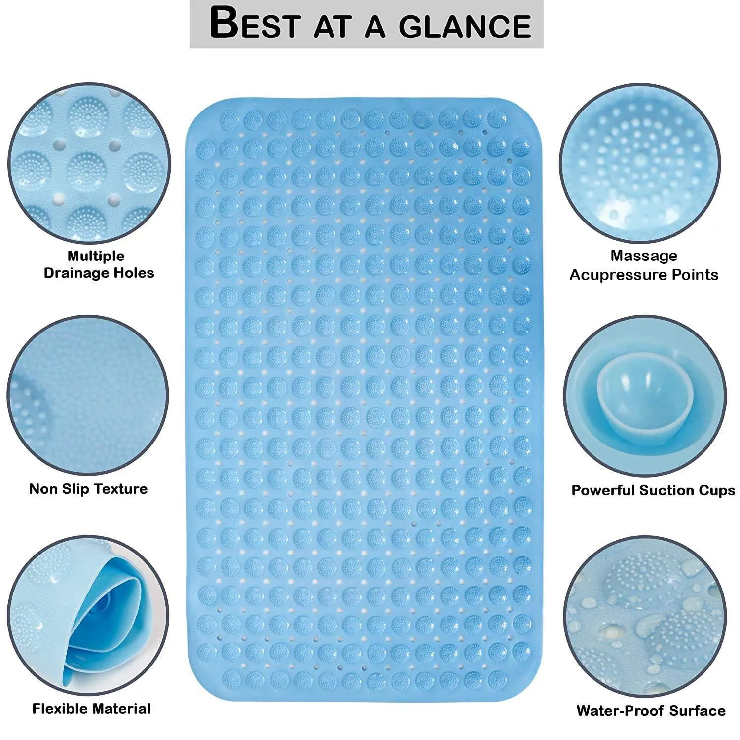 PVC Shower Mat Anti-Slip with Massage Acupressure Points, 58x88 cm, Blue