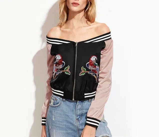 "Tropics" Off the shoulder bomber jacket