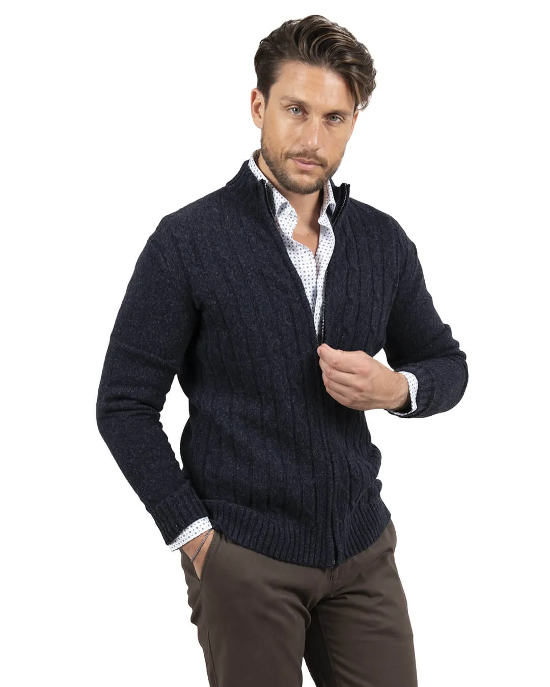 Reclaimed Lambswool Navy Cable Front Full Zip Cardigan